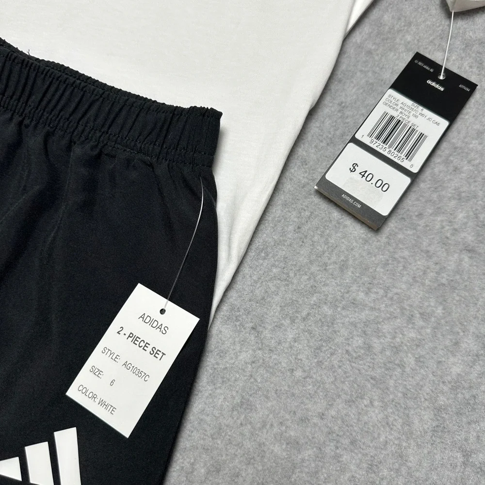 Adidas Boys 2 Piece Set White basketball T-Shirt Black Shorts Sz‎ 6 AG10357C NEW